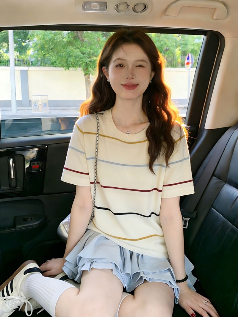 甜美風可穿大碼女裝S-XXXL韓系甜美學院風彩色條紋短袖針織衫
