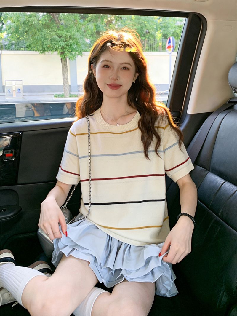 甜美風可穿大碼女裝S-XXXL韓系甜美學院風彩色條紋短袖針織衫