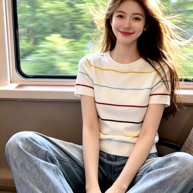 溫柔風可穿大碼女裝S-XXXL韓系甜美學院風彩色條紋短袖針織衫
