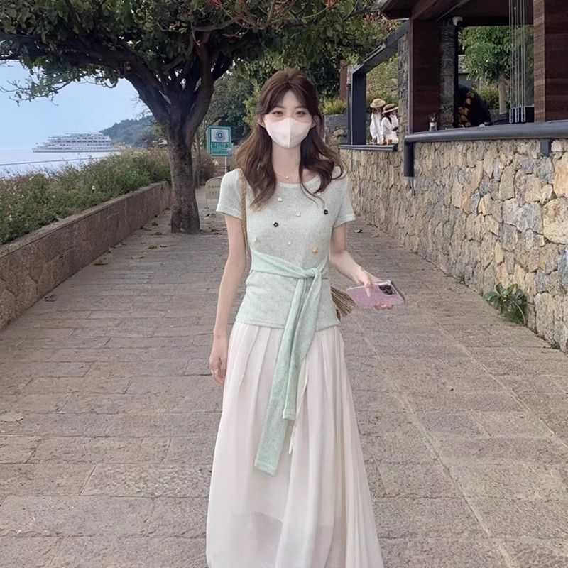 綁帶收腰短袖 T 恤女夏季不規則系帶修身顯瘦溫柔風短款上衣