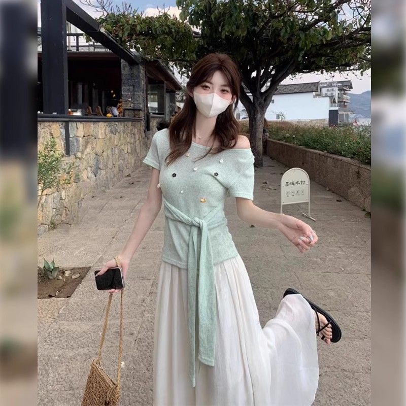 綁帶收腰短袖 T 恤女夏季不規則系帶修身顯瘦溫柔風短款上衣