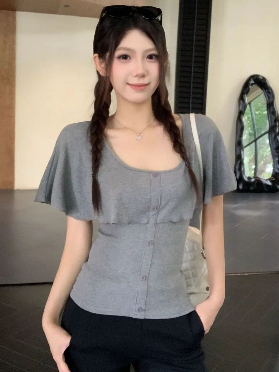 韓系甜美風荷葉邊短袖女夏季顯瘦溫柔性感T恤一字肩上衣