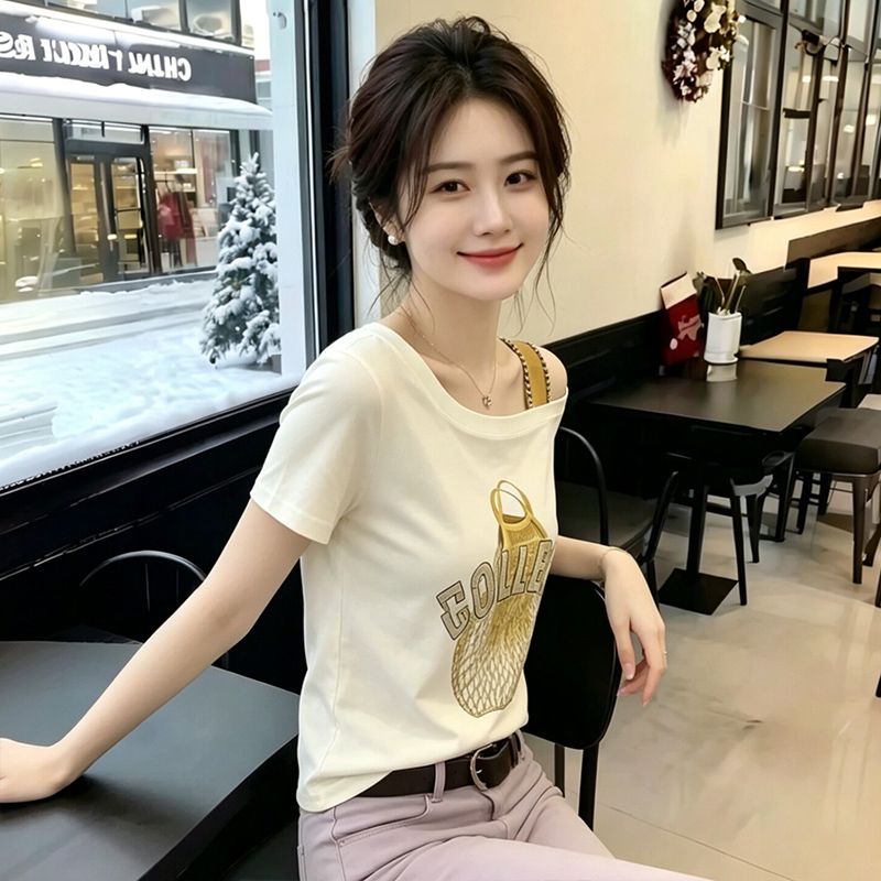 大碼時尚露肩印花短袖T恤女2026夏季新款設計感顯瘦上衣