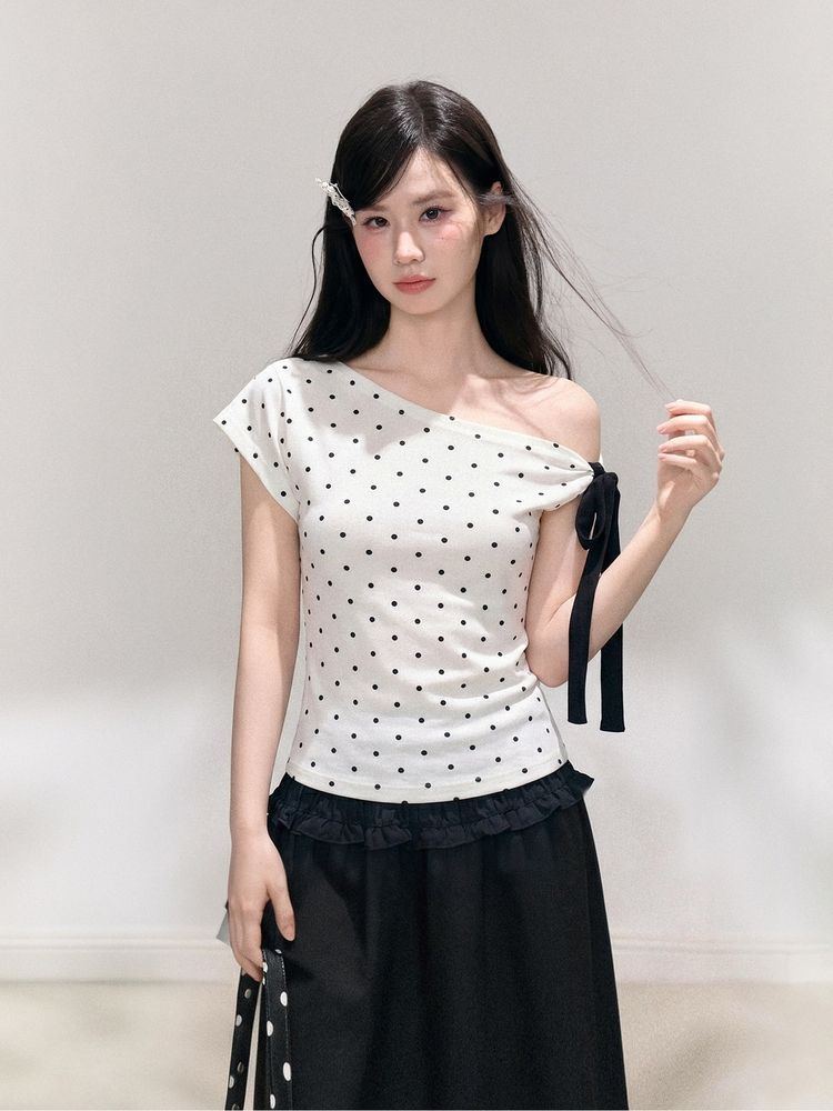 波點斜肩短袖t恤女夏季蝴蝶結綁帶修身短款露肩上衣夏季