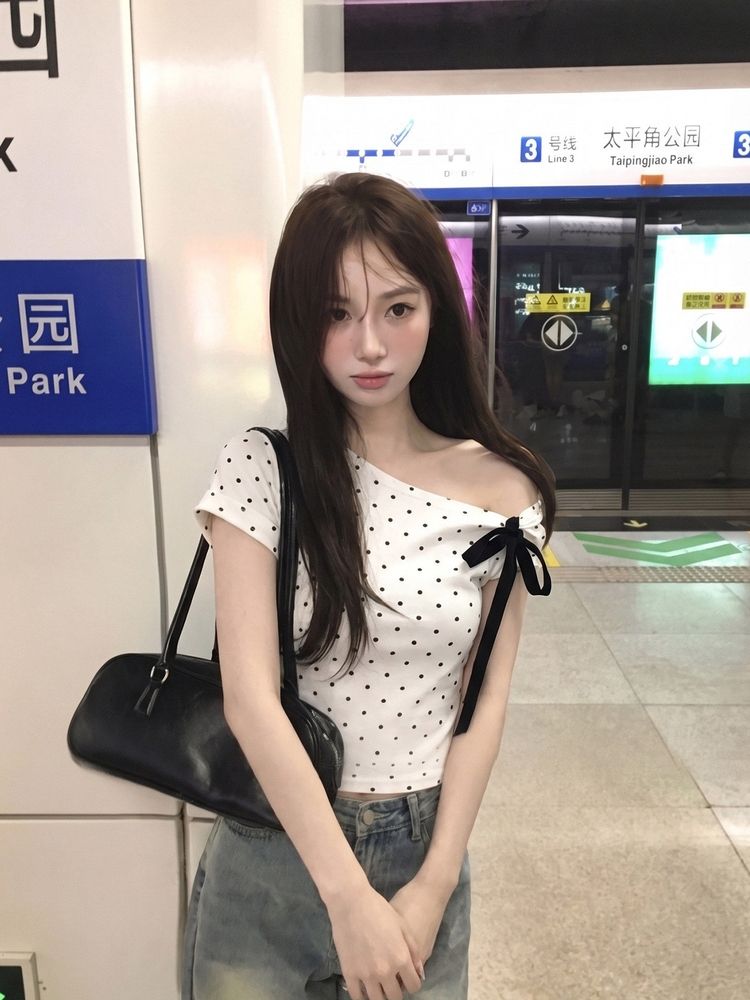 韓系斜肩波點短袖T恤女2026夏季綁設計感帶修身百搭上衣