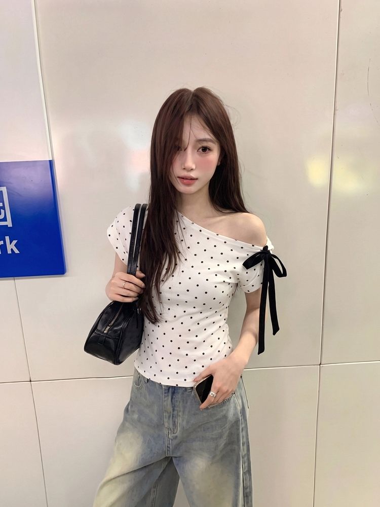 韓系斜肩波點短袖T恤女2026夏季綁設計感帶修身百搭上衣