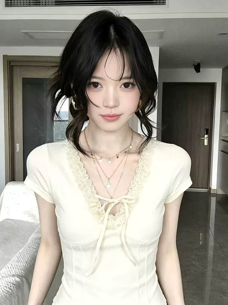 木耳邊 V 領系帶短袖T恤女魚骨收腰修身顯瘦純欲風短款上衣