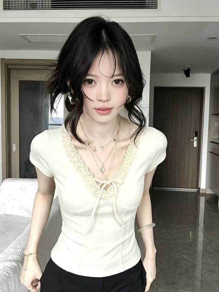 木耳邊 V 領系帶短袖T恤女魚骨收腰修身顯瘦純欲風短款上衣