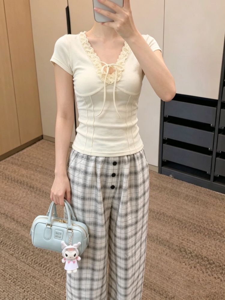 韓系木耳邊 V 領系帶短袖T恤女魚骨收腰修身顯瘦純欲風短款上衣