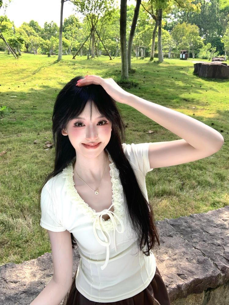 美式木耳邊 V 領系帶短袖T恤女魚骨收腰修身顯瘦純欲風短款上衣