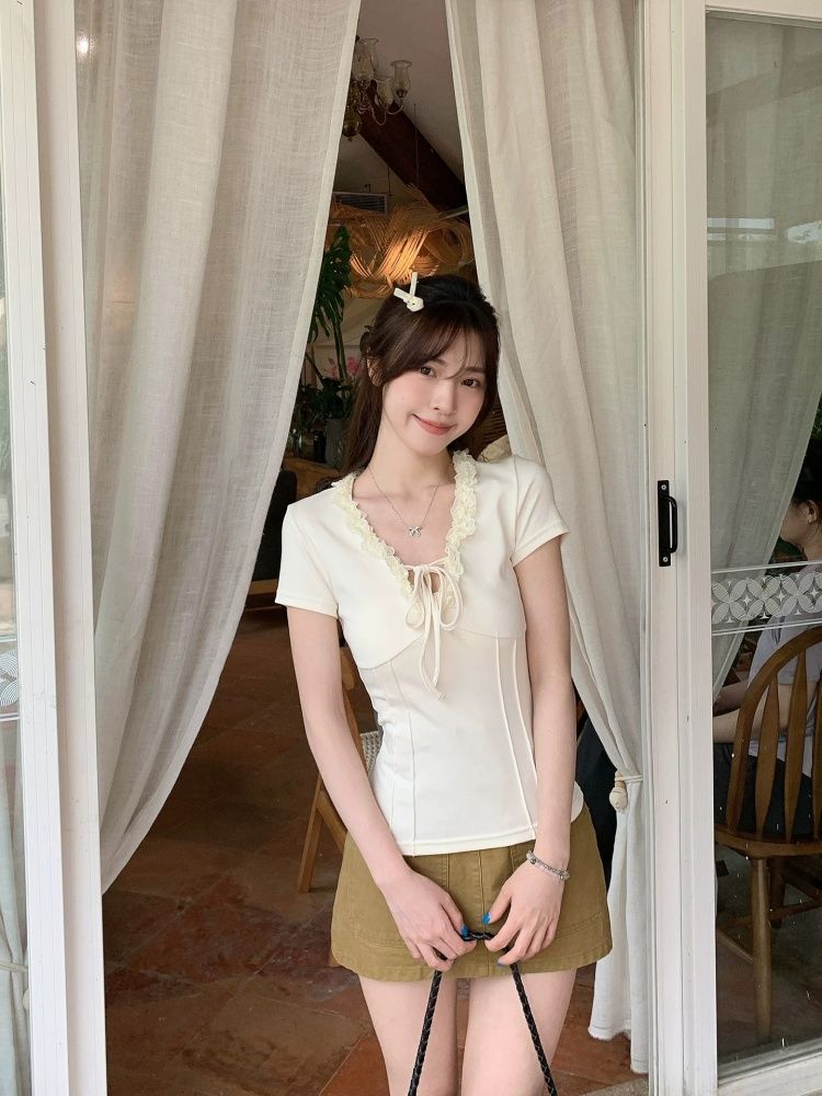 純欲風木耳邊 V 領系帶短袖T恤女魚骨收腰修身顯瘦短款上衣