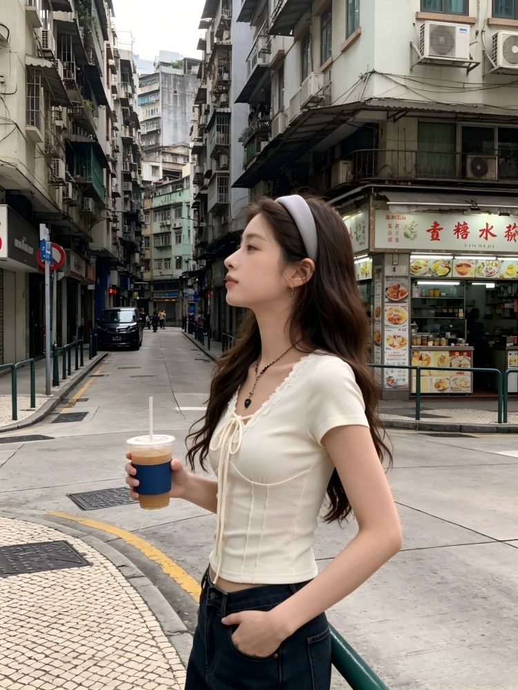 韓系木耳邊 V 領系帶短袖T恤女魚骨收腰修身顯瘦純欲風短款上衣