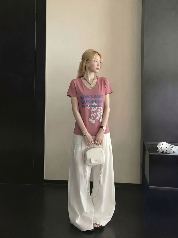 韓系V 領做舊字母印花短袖 T 恤女修身顯瘦休閑基礎款上衣
