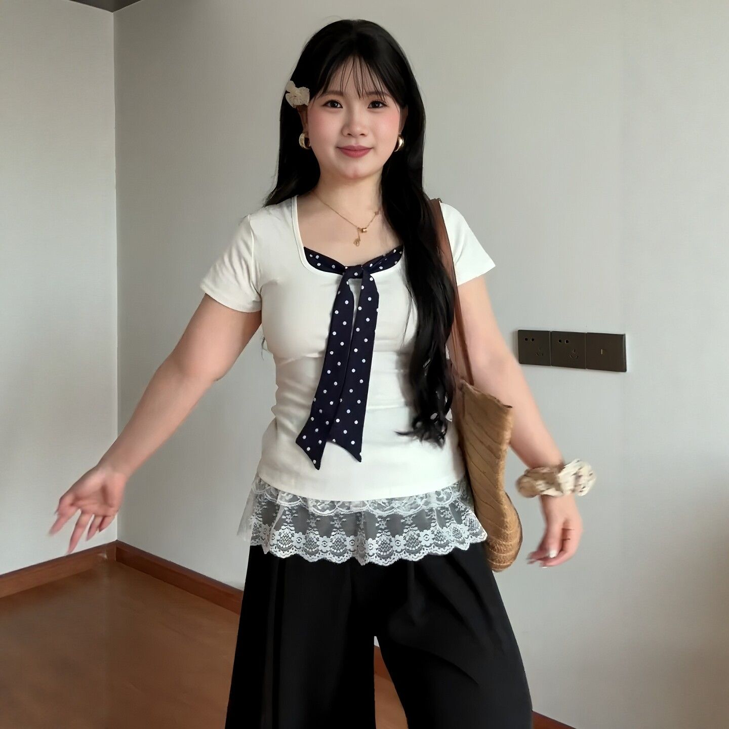 純欲風大碼設計感波點拼接假兩件短袖t恤女夏季胖mm上衣