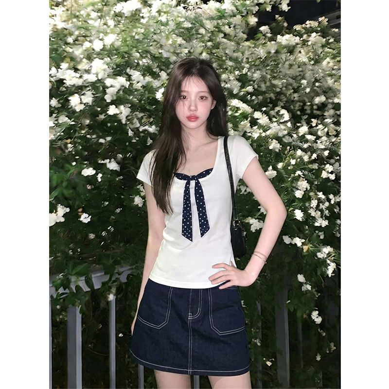 甜美風大碼胖MM波點假兩件短袖T恤女夏季蝴蝶結系帶上衣