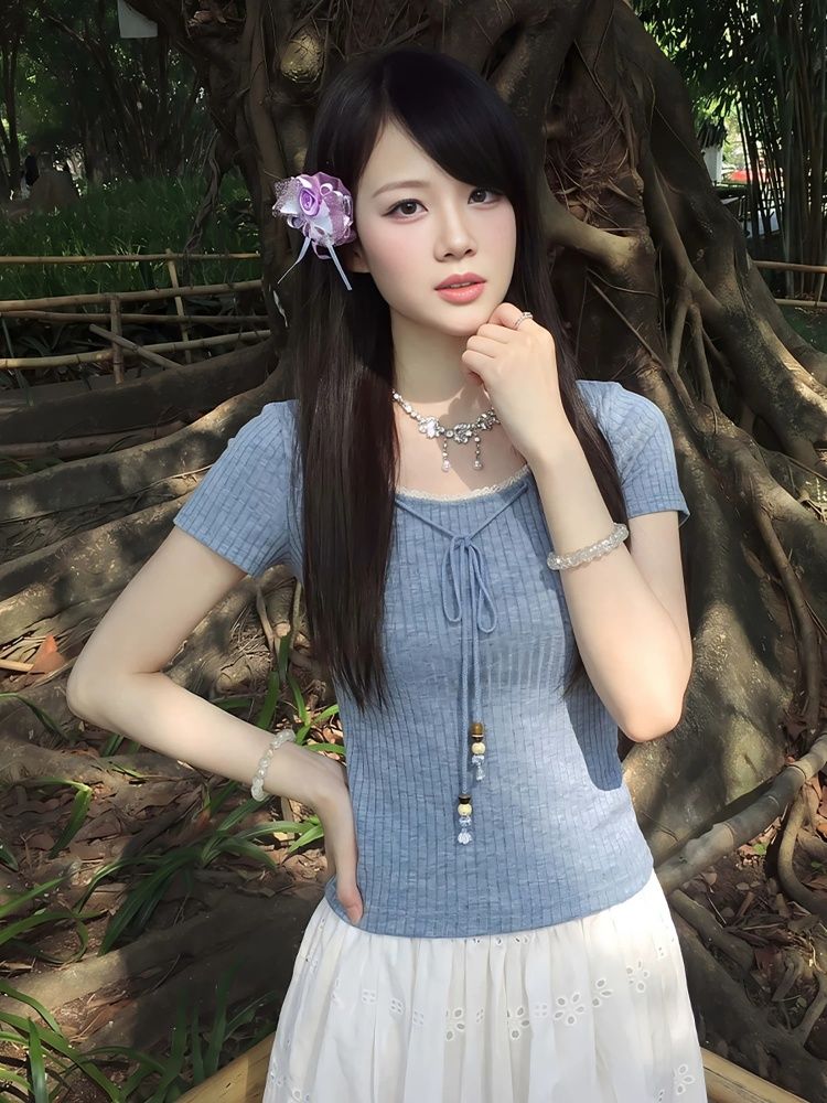 美式學院風短袖T恤女夏季穿搭抽繩V領感修身顯瘦上衣