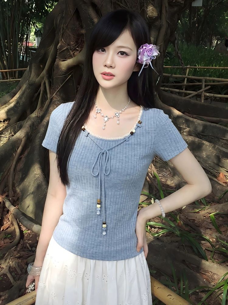 美式學院風短袖T恤女夏季穿搭抽繩V領感修身顯瘦上衣