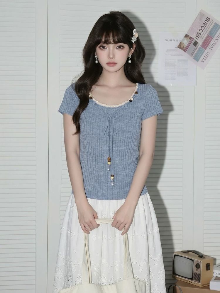 甜美風絕美超好看藍色正肩短袖t恤女夏季新款設計感修身上衣
