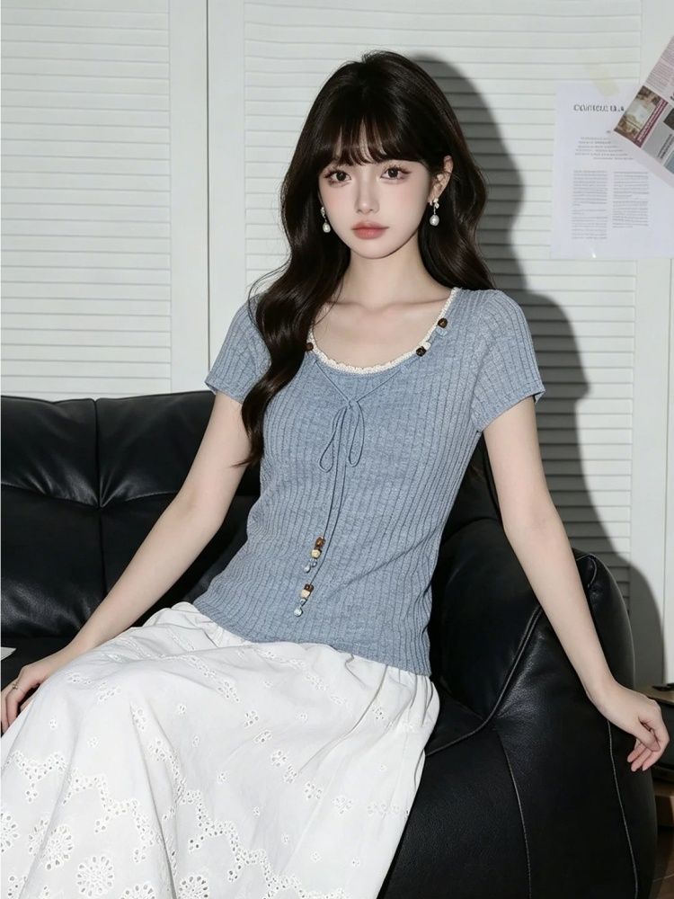 甜美風絕美超好看藍色正肩短袖t恤女夏季新款設計感修身上衣