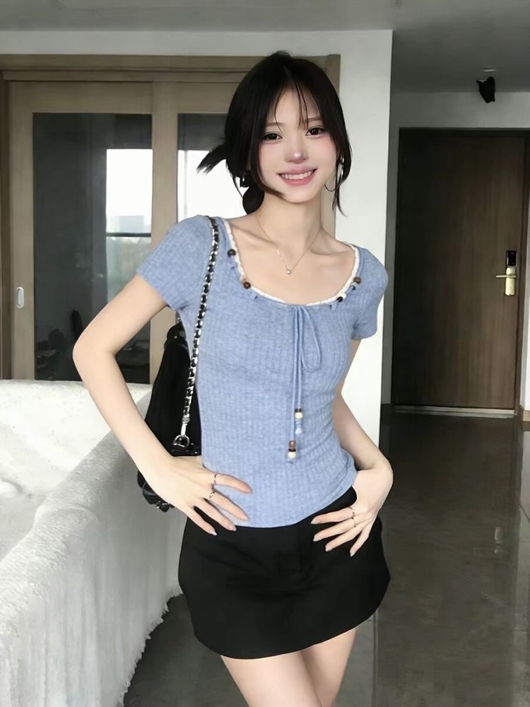 韓系初夏小上衣百搭新款夏季今年流行的女裝修身短袖t恤