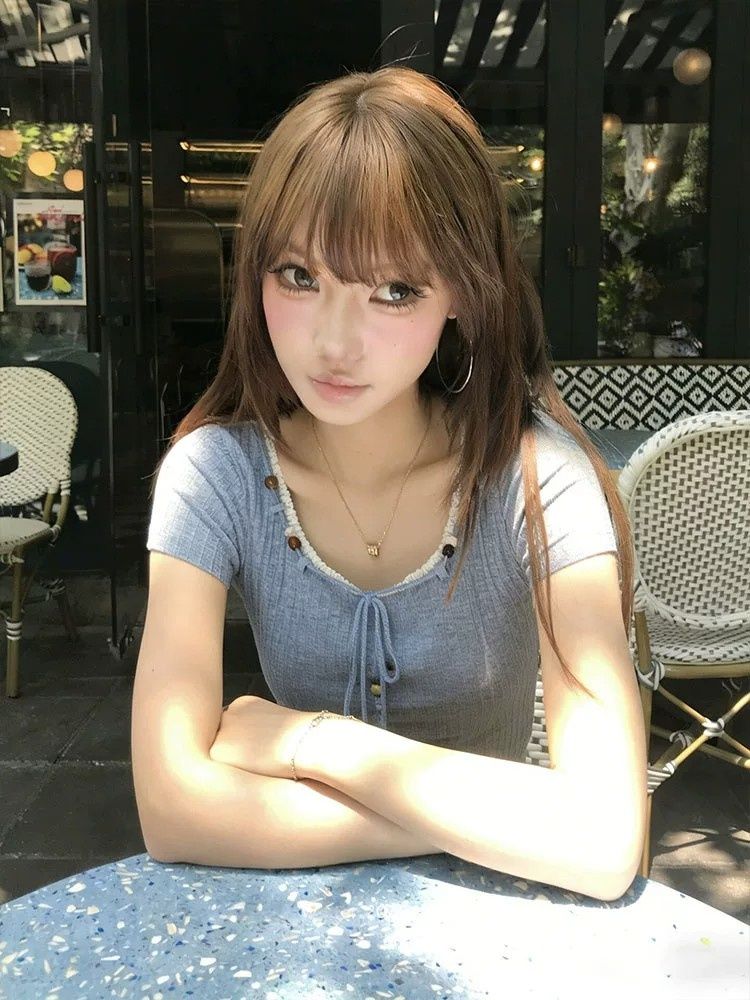 韓系小香風藍色正肩短袖t恤女夏季新款設計超好看上衣