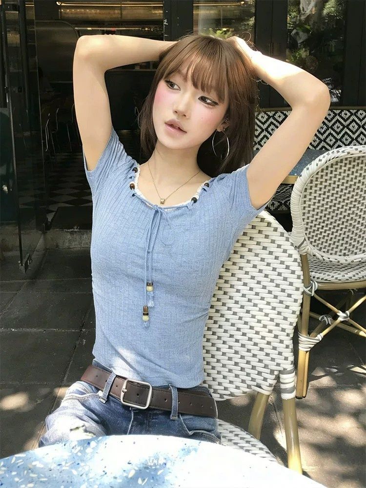 韓系小香風藍色正肩短袖t恤女夏季新款設計超好看上衣