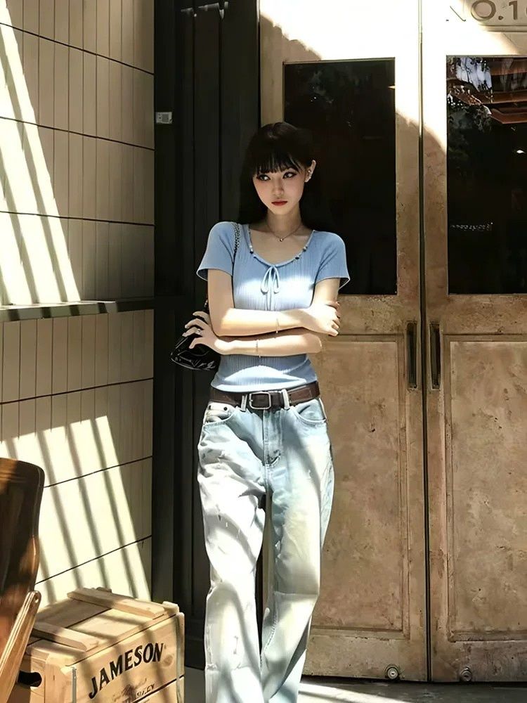 小香風顯瘦百搭時尚抽繩串珠短袖T恤女夏季修身學院風上衣