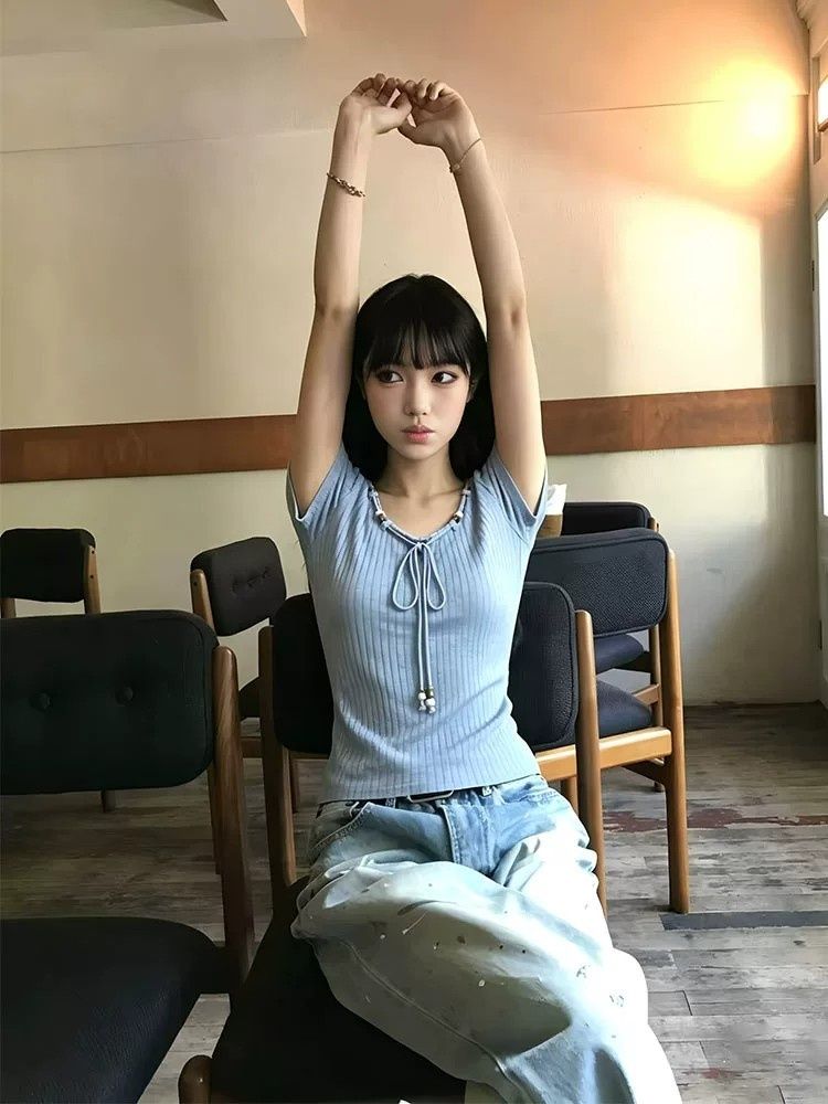 小香風顯瘦百搭時尚抽繩串珠短袖T恤女夏季修身學院風上衣