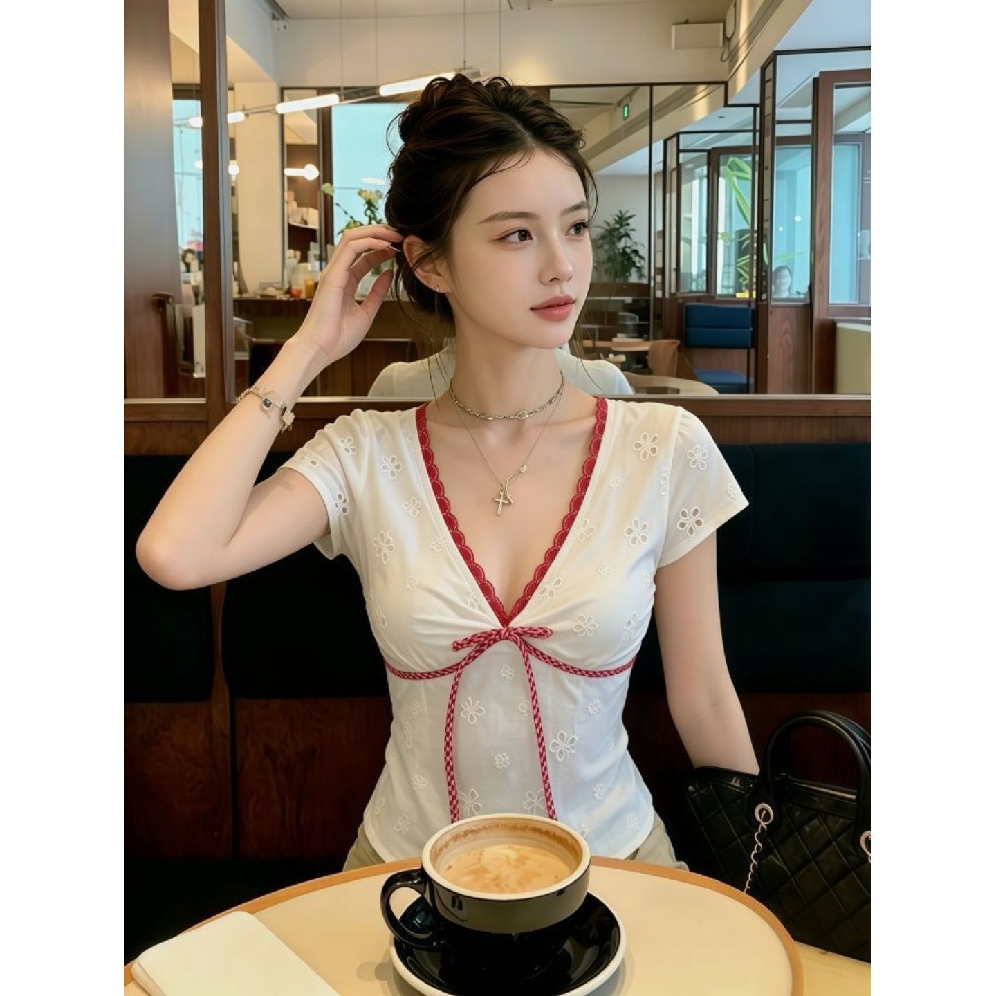 溫柔風撞色鏤空刺繡V領蝴蝶結短袖襯衫女收腰顯瘦泡泡袖短款上衣