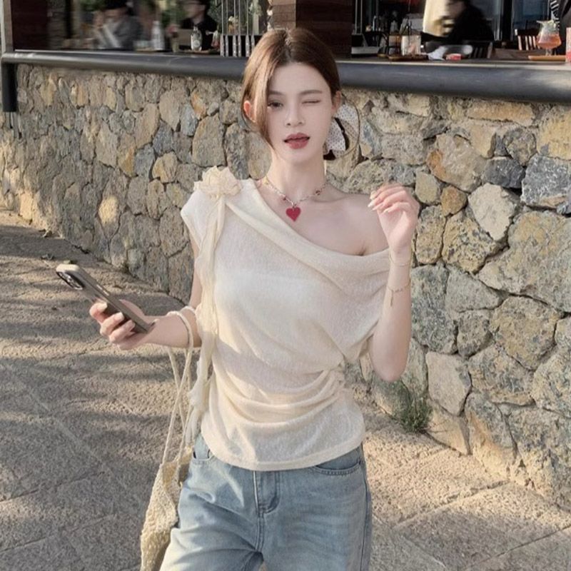 已出貨 夏法式純欲小眾設計蕩領飄帶斜肩t恤女褶皺斜肩上衣
