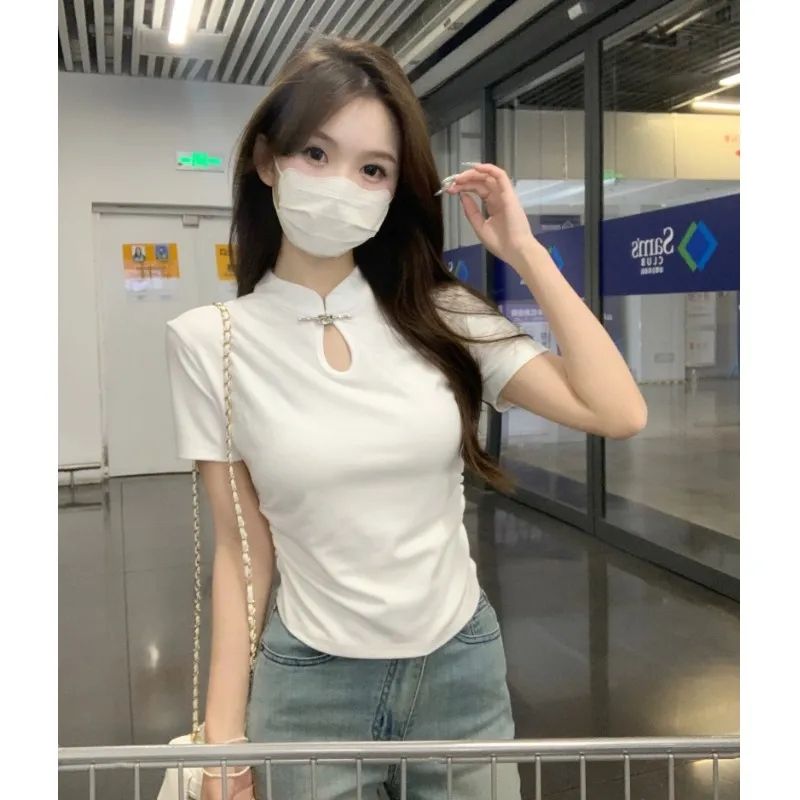 已出貨 設計感白色新中式鏤空短袖T恤女風修身顯瘦辣妹短上衣