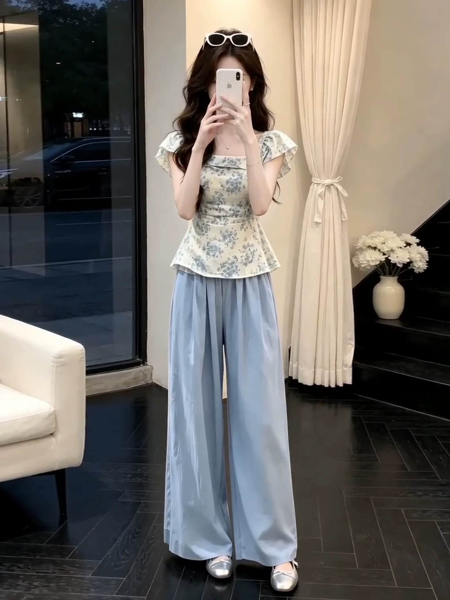 RY6617# 巨好看ootd穿搭一整套2026新款飞飞袖碎花上衣女装夏季阔腿裤套装