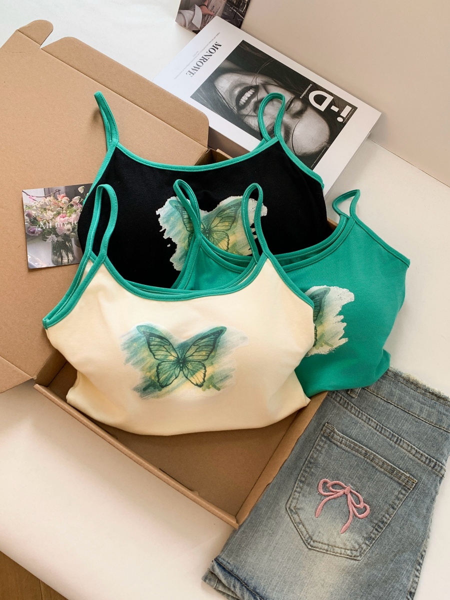 RY3478# 实拍～设计感甜辣妹蝴蝶印花背心女内搭夏季外穿带胸垫短款上衣