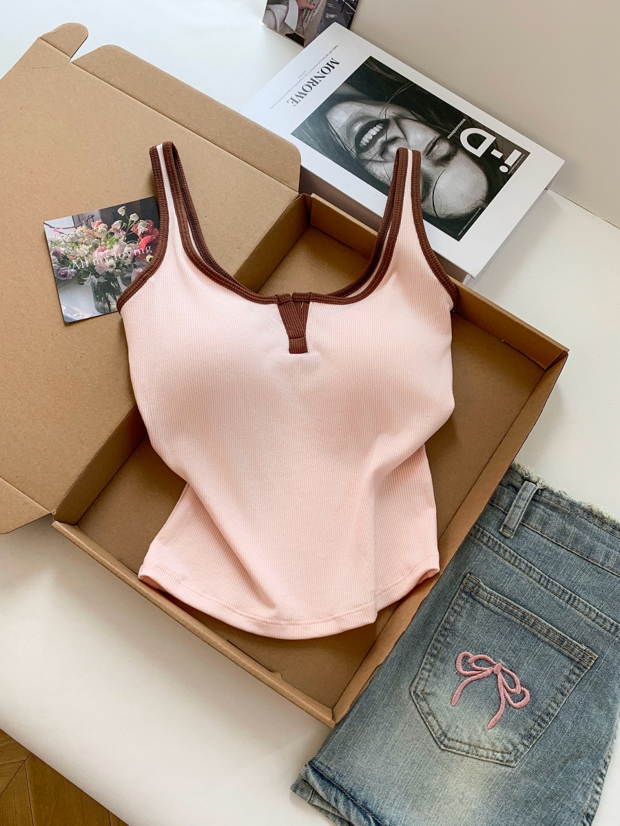 RY3475# 实拍～撞色拼接吊带背心女内搭带胸垫一体式文胸外穿抹胸美背夏