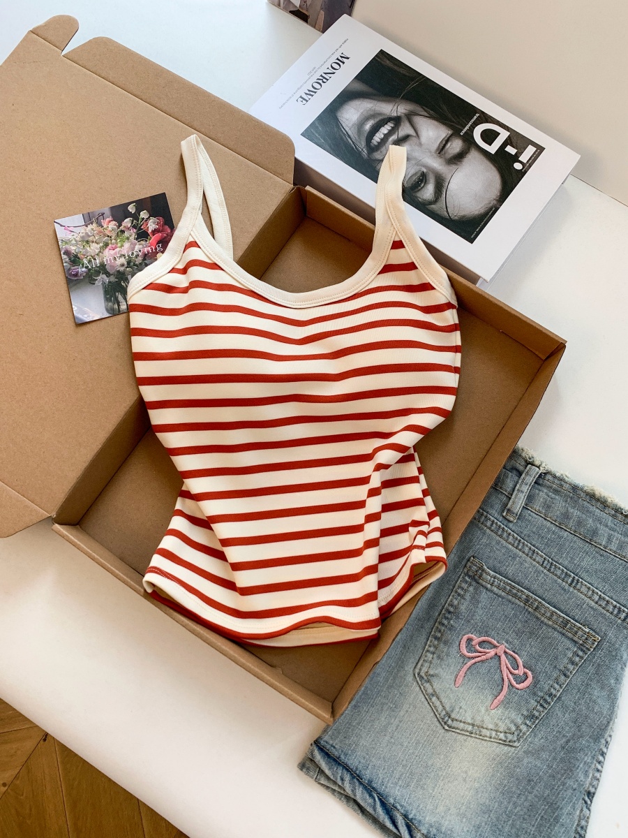 RY3477# 实拍～夏季条纹吊带背心女夏外穿无袖美背文胸一体内衣抹胸上衣