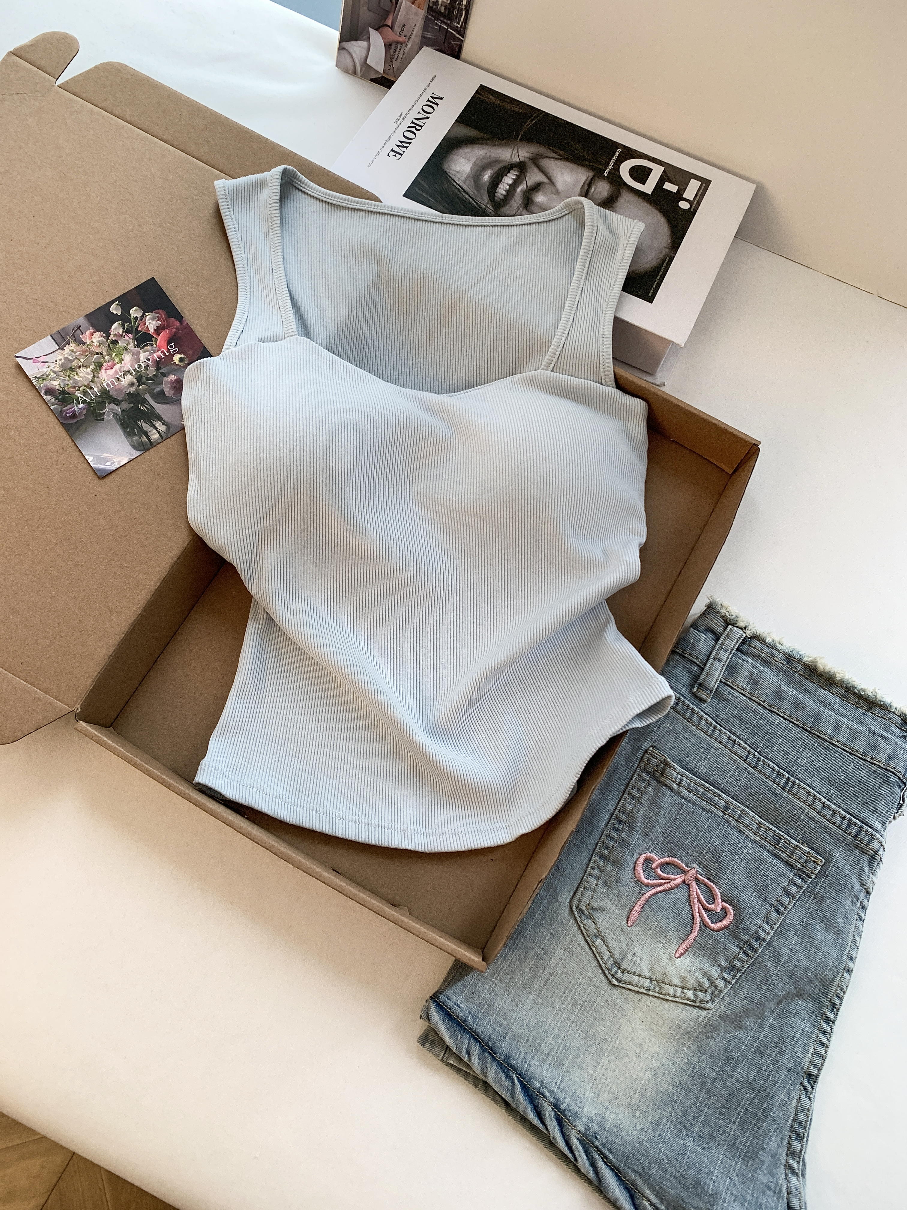 RY3476# 实拍 韩系方领 吊带背心女 夏季外穿带胸垫内搭显瘦抹胸 无...