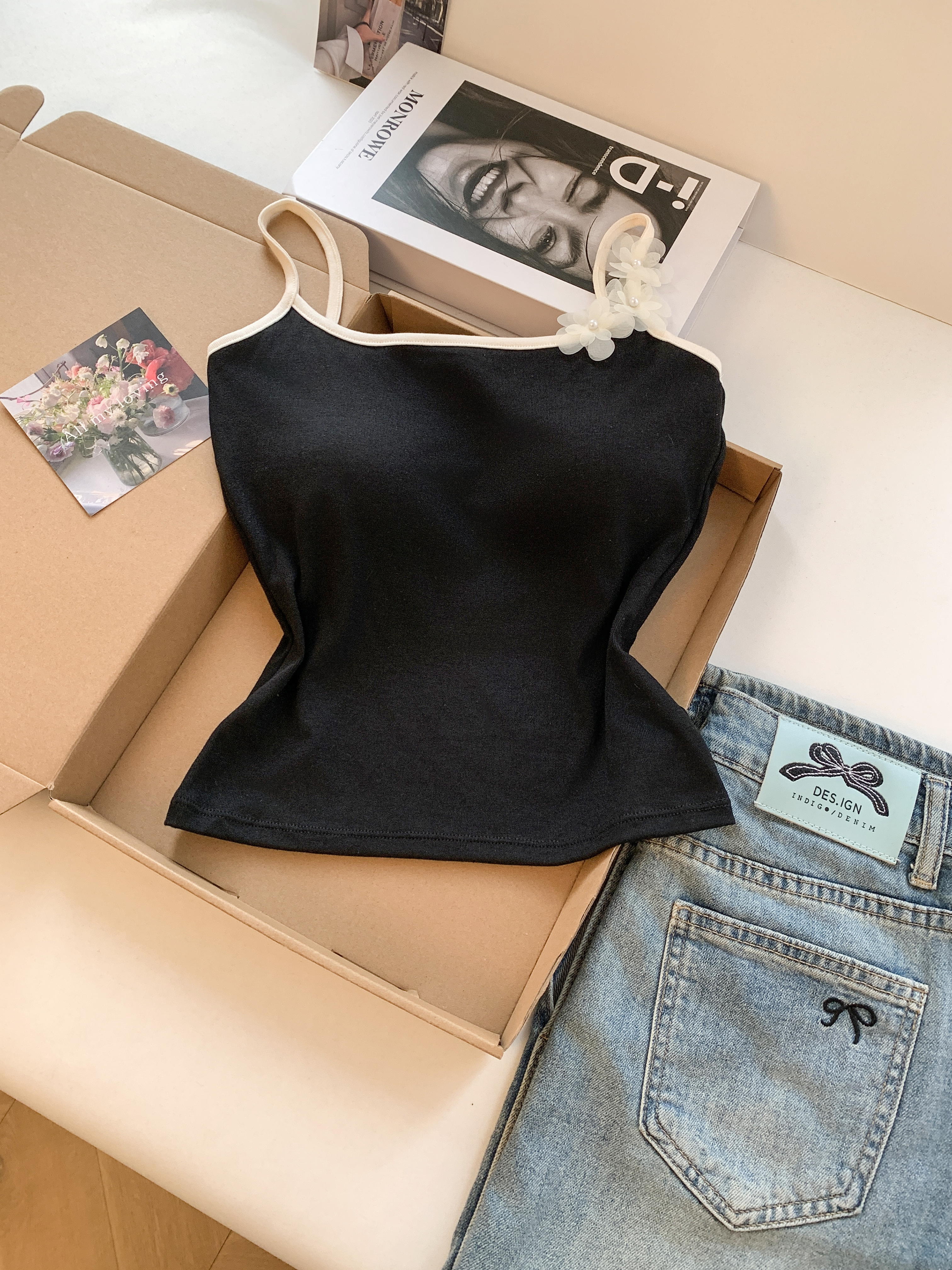 RY3474# 实拍～沙滩海边多巴胺红色立体花朵自带胸垫的背心女外穿无袖上...