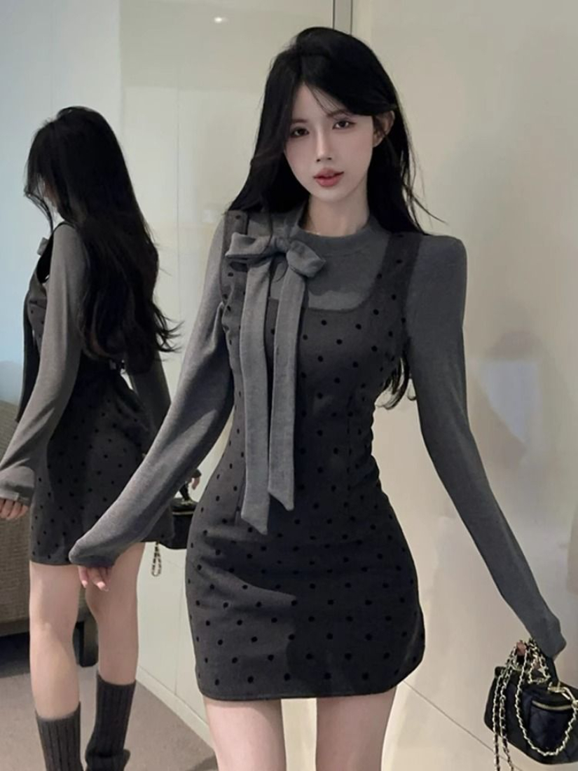 RY8176# 法式千金风波点吊带连衣裙套装早春辣妹蝴蝶结打底T恤上衣两件...