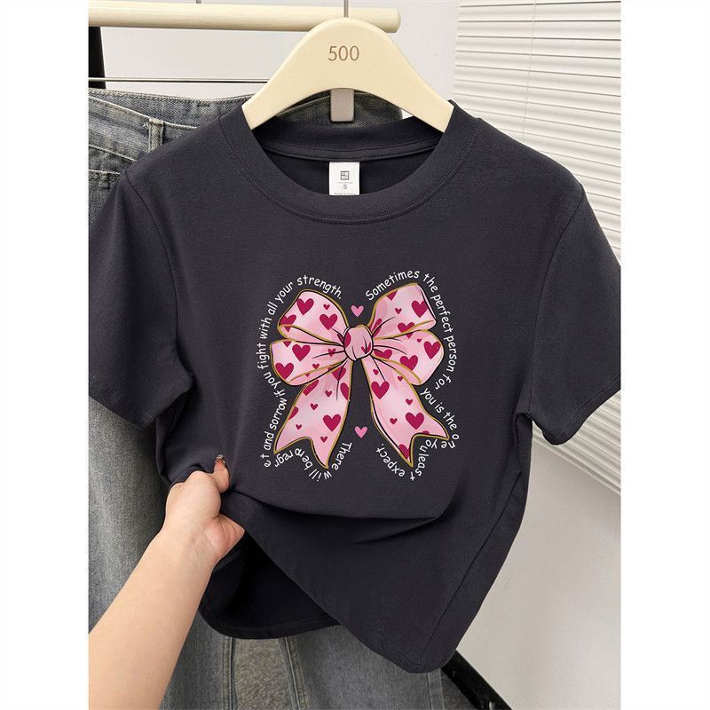 RY6551# 新款韩版ins蝴蝶结印花圆领正肩胖mm大码女装短袖t恤夏季...