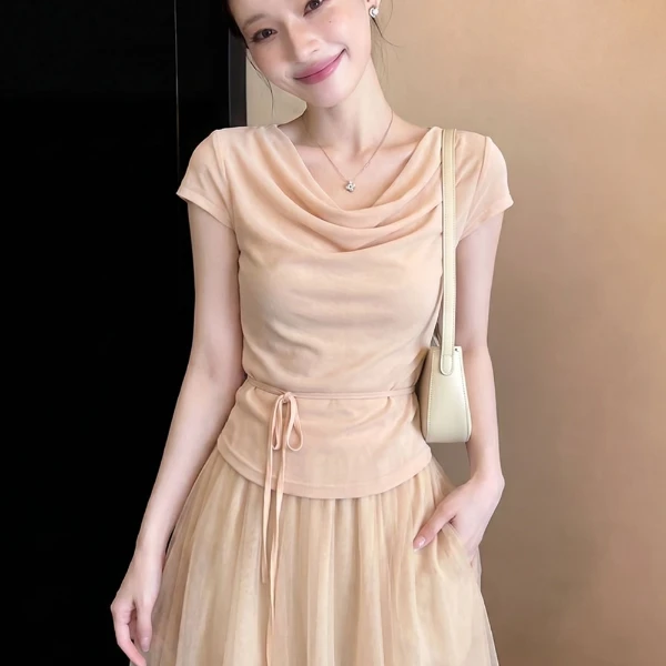 RY7921# 粉色荡领不规则冰丝针织短袖T恤女2026夏季独特漂亮收腰显瘦上衣