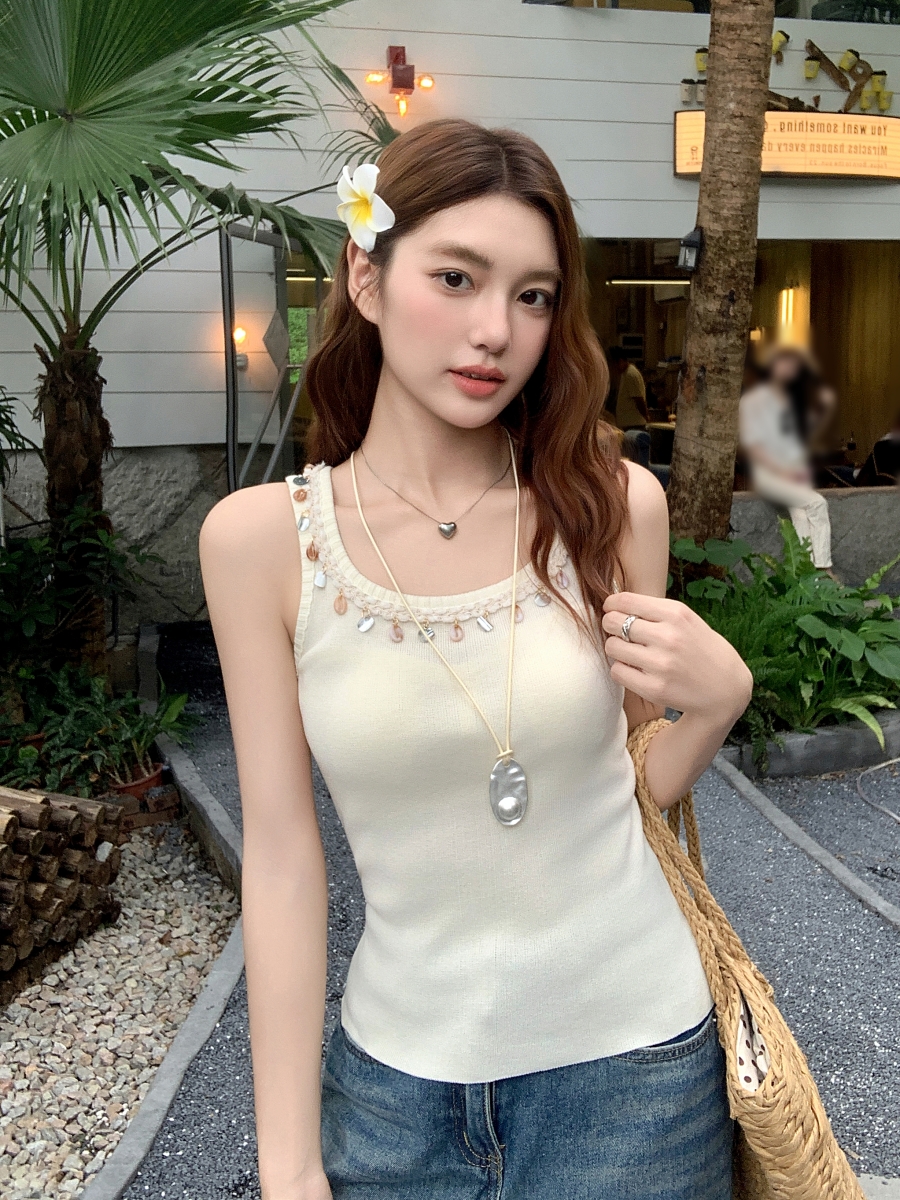 MY7355# 法式小香钉珠针织吊带背心女外穿夏季设计感修身显瘦气质百搭上衣女裝貨源服裝批發