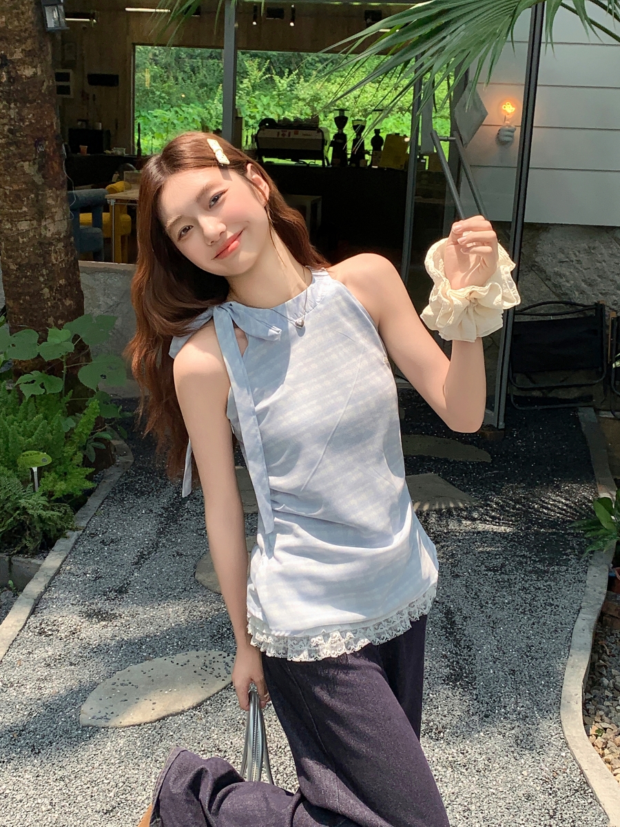 MY7841# 蓝色格纹假两件系带蕾丝吊带背心女外穿2025夏季新款甜辣妹上衣女裝貨源服裝批發