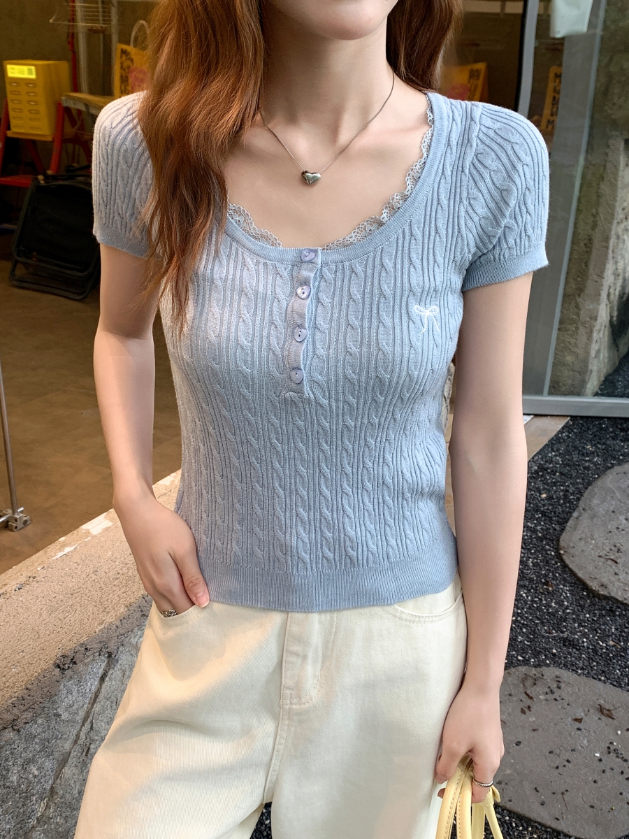 MY7835# 蕾丝拼接针织衫短袖t恤女2025夏季设计感小个子修身正肩短款上衣女裝貨源服裝批發