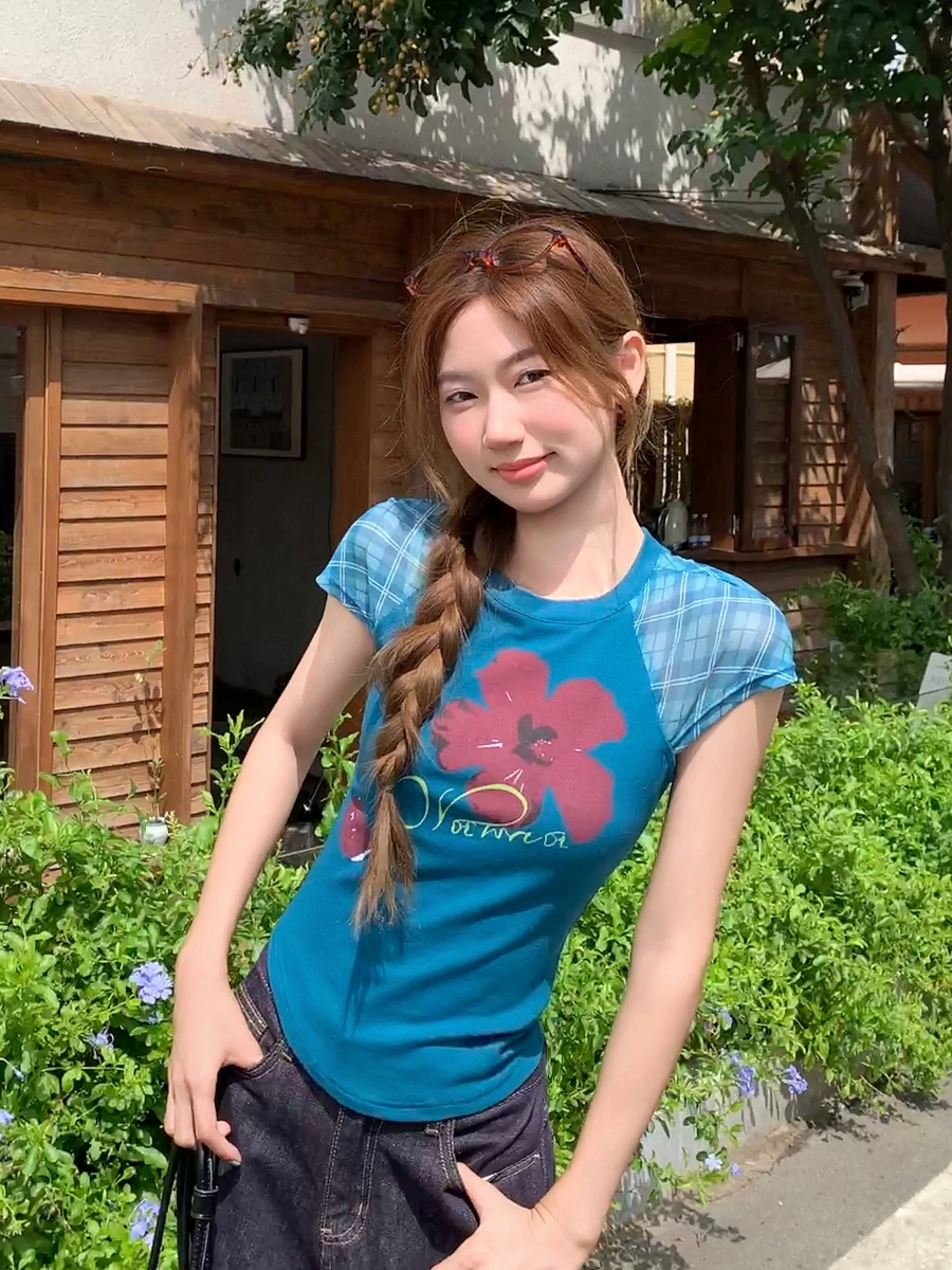 MY10602# 美式印花网纱拼接正肩短袖t恤女夏季短款修身收腰小飞袖绝美...