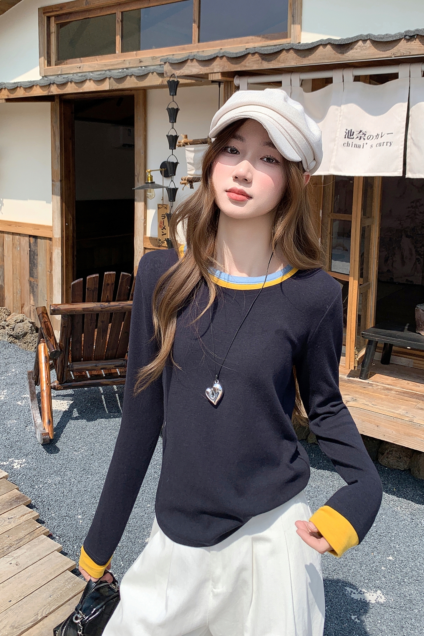秋冬季美式復古撞色拼接打底衫女內搭設計感顯瘦百搭長袖t恤上衣