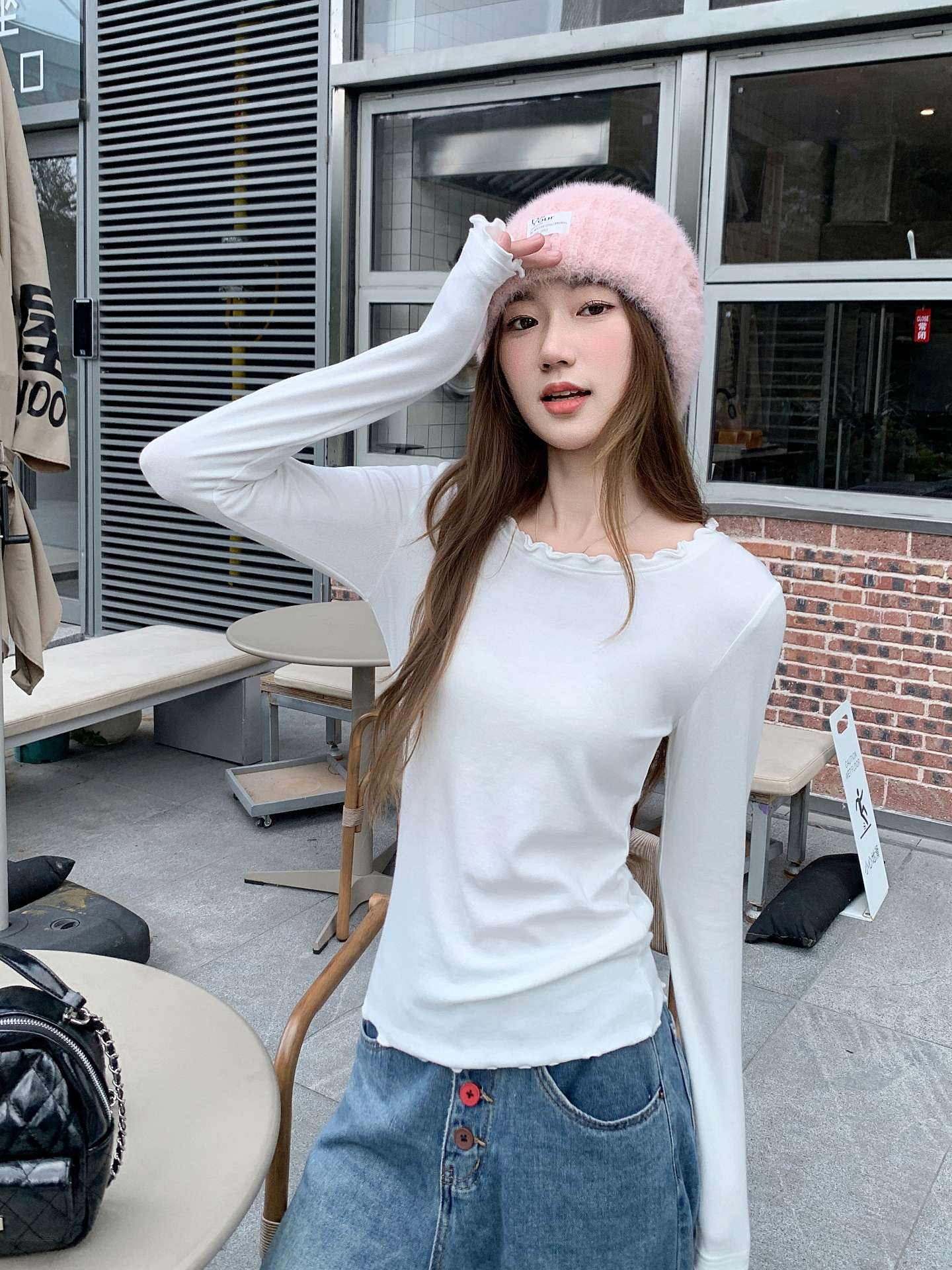 韓系簡約風木耳邊長袖t恤女2025秋冬新款修身顯瘦內搭打底衫上衣