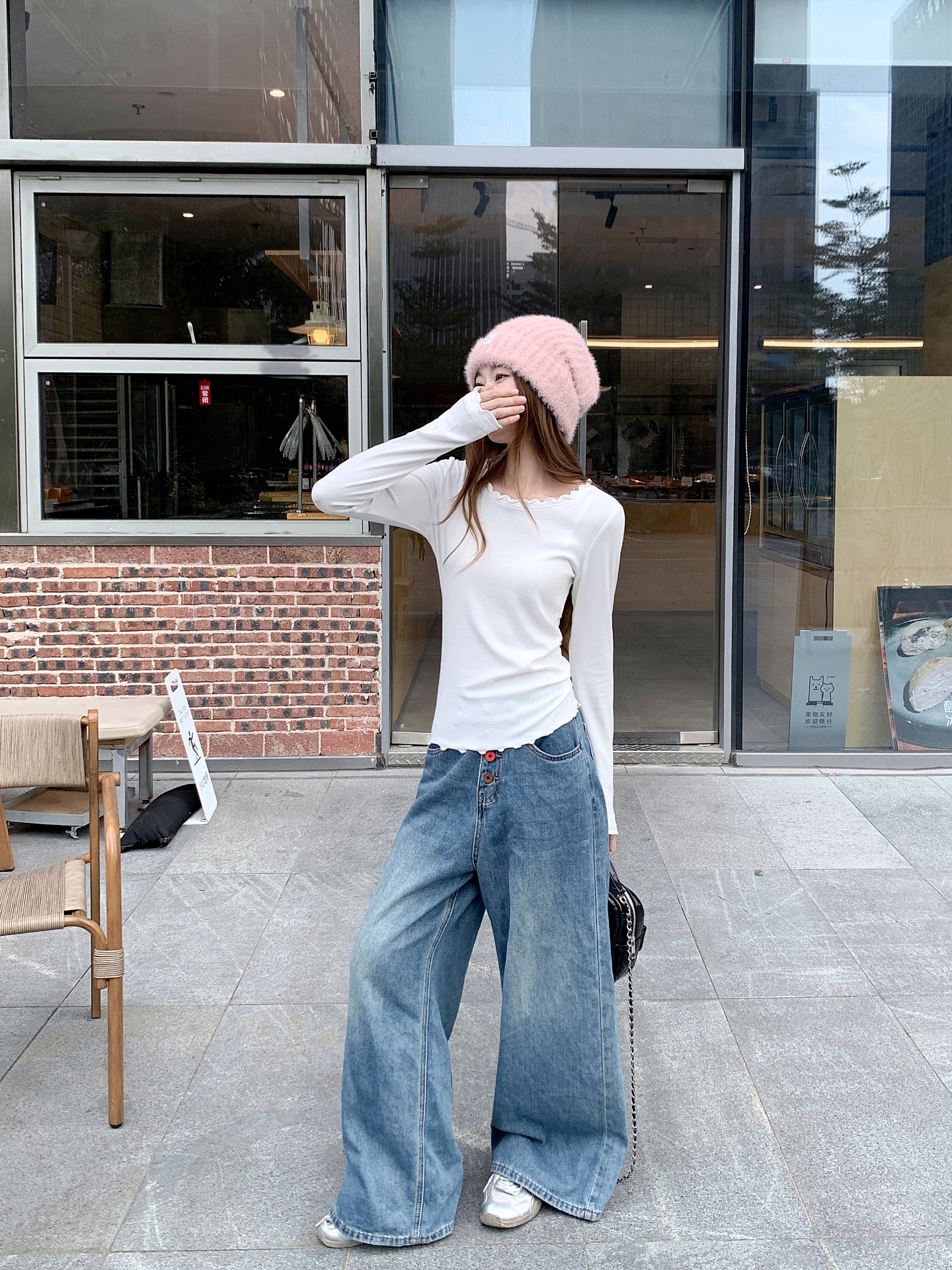 韓系簡約風木耳邊長袖t恤女2025秋冬新款修身顯瘦內搭打底衫上衣