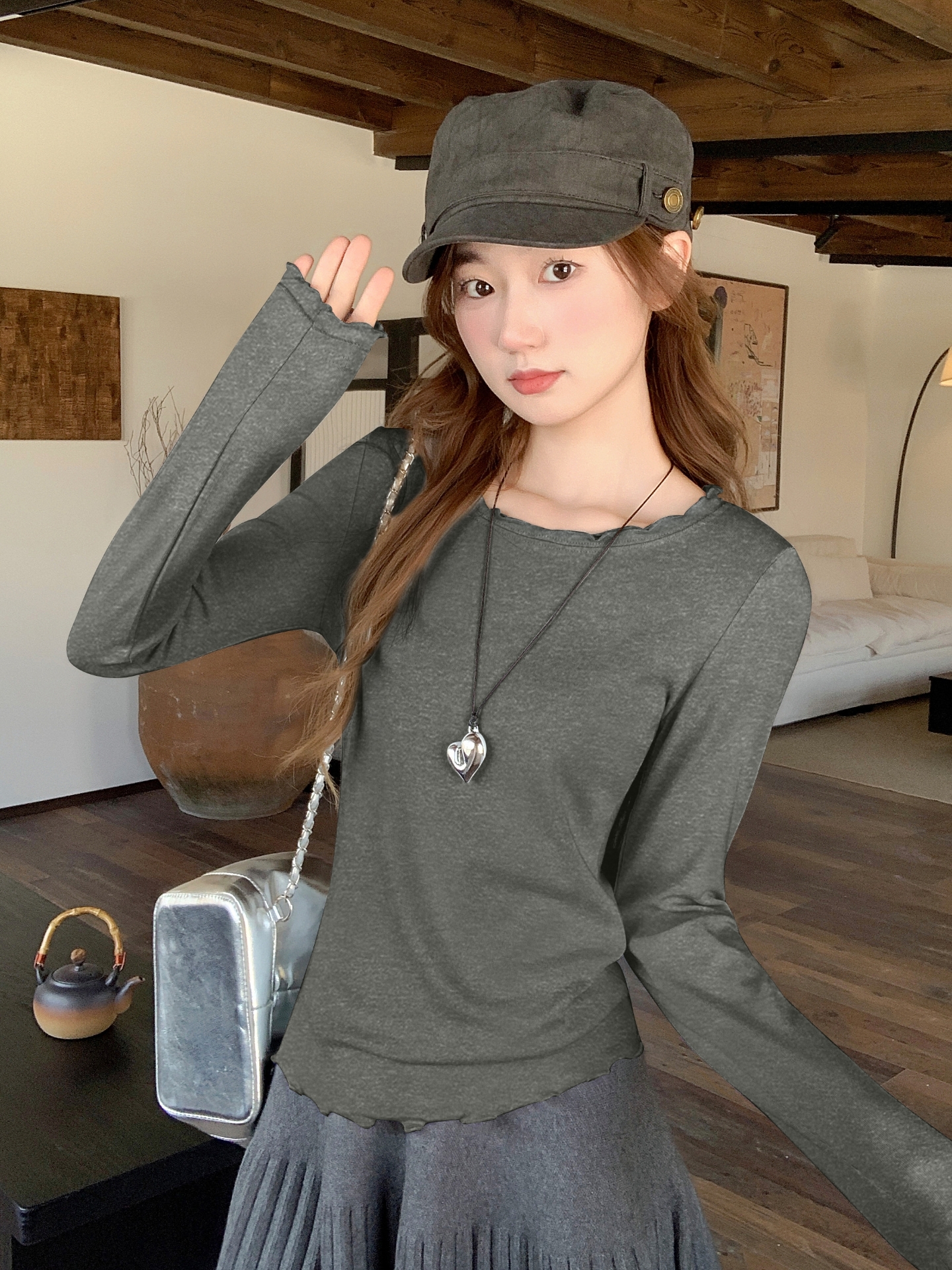 韓系簡約風木耳邊長袖t恤女2025秋冬新款修身顯瘦內搭打底衫上衣