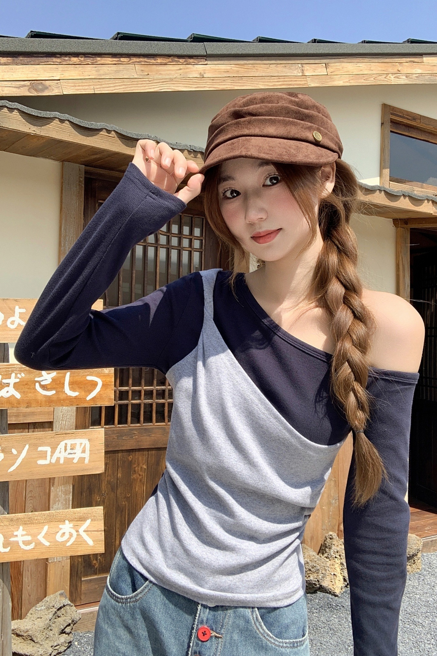 復古辣妹撞色假兩件斜領長袖t恤女秋冬不規則褶皺收腰打底衫上衣