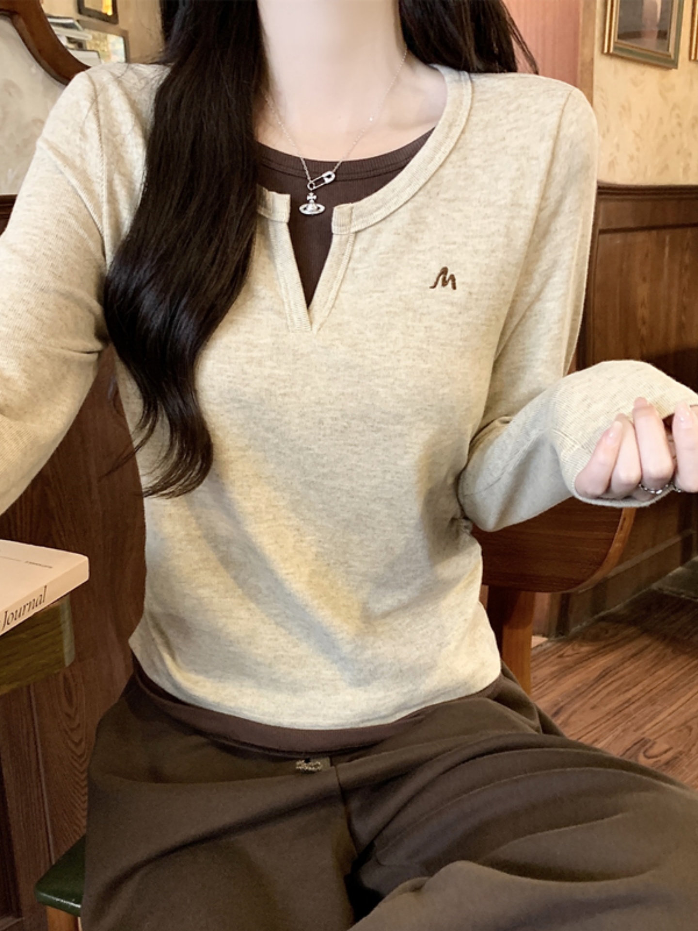 MY17658# 撞色拼接假两件长袖t恤新款褶皱收腰显瘦高级感打底衫上衣女...